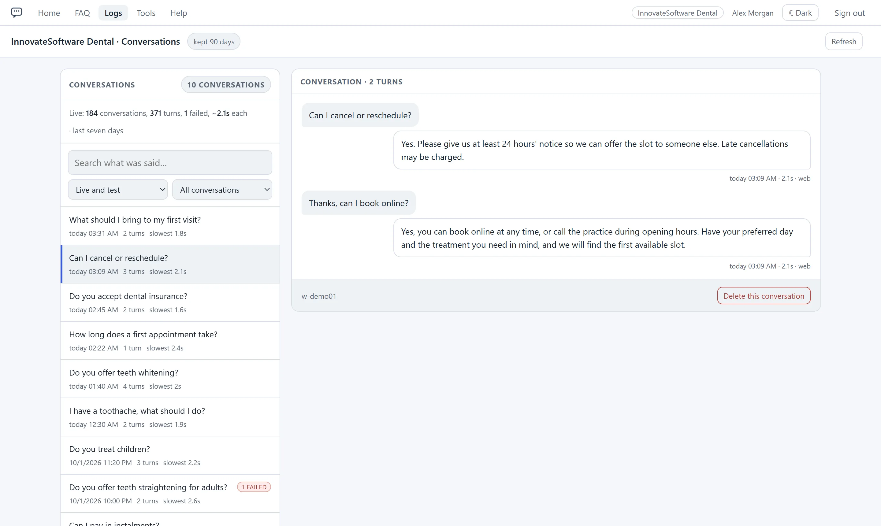 The conversation log. A left column shows a seven-day summary of conversations, turns, failures and average response time, a search box, and a list of conversations, one marked as failed. The main pane shows the selected conversation turn by turn with the customer's questions and the assistant's answers, and a Delete this conversation button.