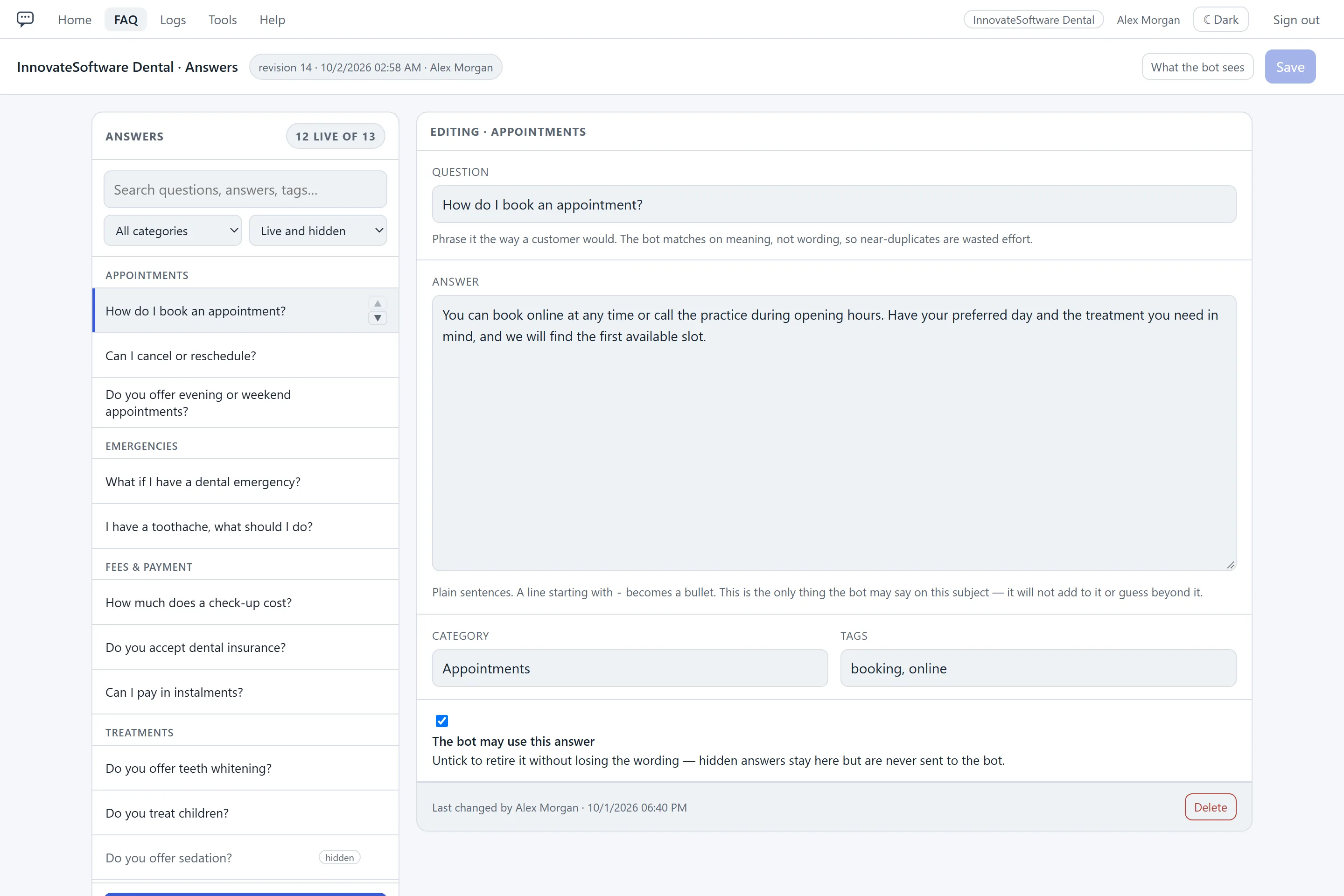 The answer editor. A left column lists the FAQ questions grouped by category, with a search box and a category filter, and one entry marked hidden. The main pane edits one answer: the question, the answer text, its category and tags, a tick box that lets the bot use the answer, and a Delete button. A Save button and a What the bot sees button sit in the page header.